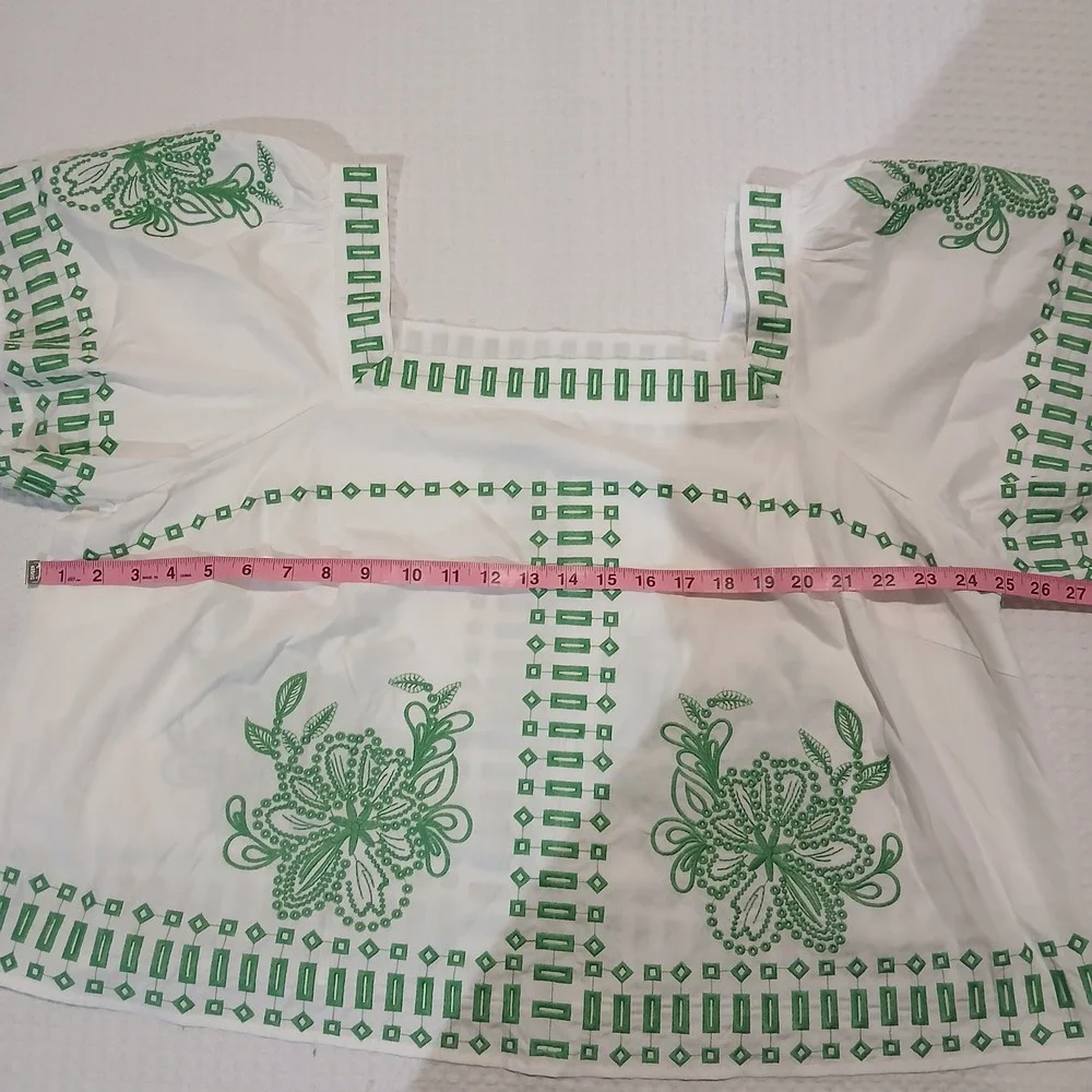 Sugarlips Womens 2X White Green Embroidered Square Neck Puff Sleeve Blouse Top